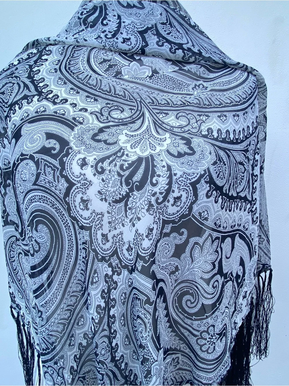 Whimsy Boho 100% Silk Black & White Fringe Triangle Shawl Scarf